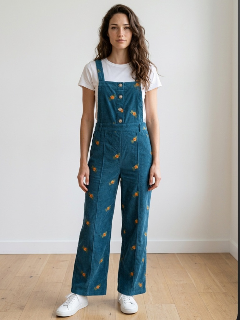 Cider Teal Embroidered Wide-Leg Denim Overalls